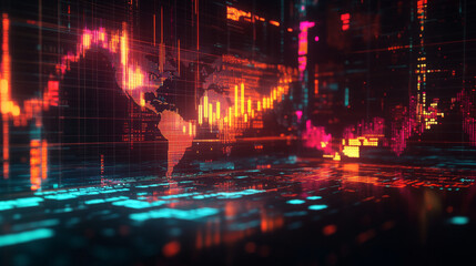 Poster - a glowing, 3d image of the world shows financial data like charts, graphs, and candlesticks, represe