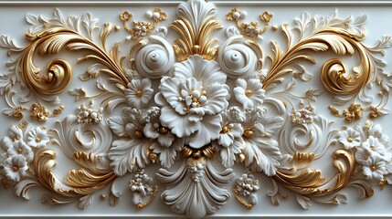 Poster - Richly detailed 3D golden Baroque filigree featuring swirling floral patterns and elegant leaf motifs framed by rococostyle scrolls set against a clean white backdrop for an opulent appearance