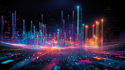 Poster - a glowing, 3d image of the world shows financial data like charts, graphs, and candlesticks, represe