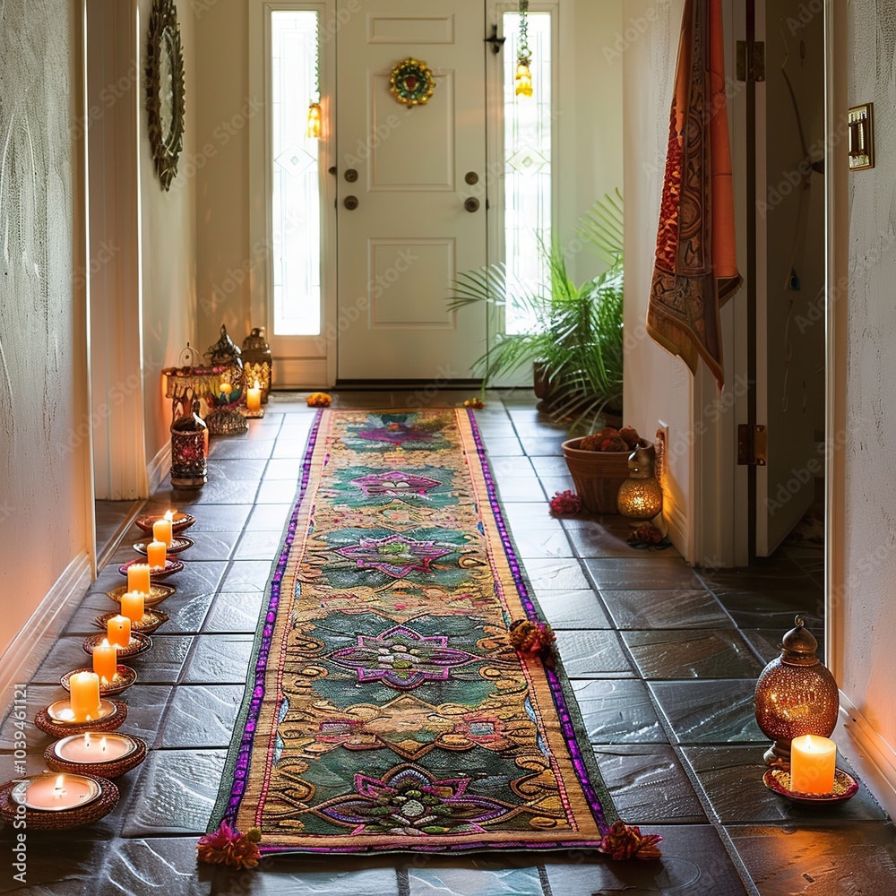 Welcoming Entryway with Diwali Rangoli, Diyas, and Hanging Torans for a ...