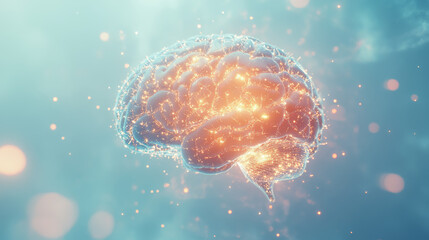 Poster - A shimmering, 3D brain made of glowing shapes is floating against a hazy blue background. This image represents ideas about the brain, how it works, and the future of artificial intelligence.