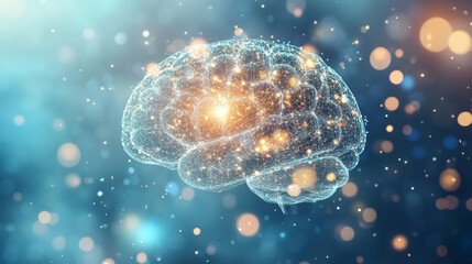 Poster - A shimmering, 3D brain made of glowing shapes is floating against a hazy blue background. This image represents ideas about the brain, how it works, and the future of artificial intelligence.