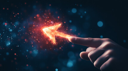 Poster - A hand points towards a bright arrow on a dark background, symbolizing the path to growth and success.