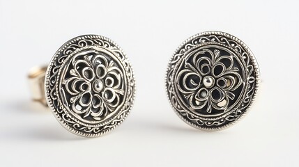 Poster - Set of vintage silver studs with intricate detailing displayed on a clean minimalistic background bringing out their antique charm and craftsmanship