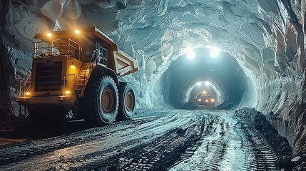 Poster - Mining equipment and digger inside a tunnel. Heavy Duty. Big yellow truck at the mine.