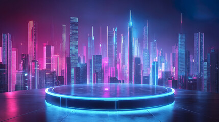 Wall Mural - A round podium with a background of cyberpunk city