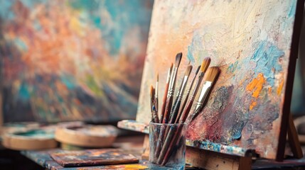 Poster - A scenic painting session in an airy studio, Brushes and canvases arranged creatively, Contemporary artistic style
