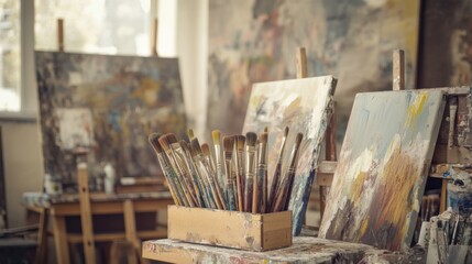 Poster - A scenic painting session in an airy studio, Brushes and canvases arranged creatively, Contemporary artistic style