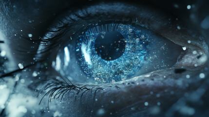 Poster - A glowing blue eye, made with computer graphics, stands out against a fuzzy background of technology.  It symbolizes the link between technology and our ability to see.