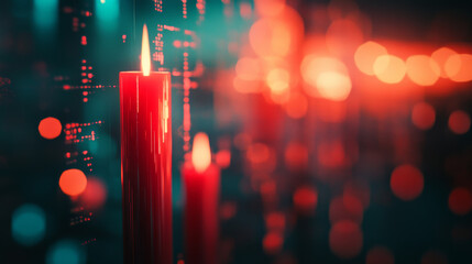 Poster - a red candlestick chart plunges downwards against a blurry background, representing a global economi