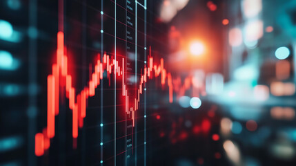 Poster - a red candlestick chart plunges downwards against a blurry background, representing a global economi