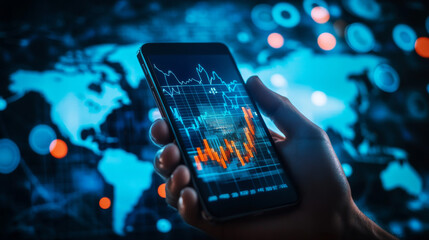 Poster - A strong hand holds a phone showing a rising stock market graph. The background is a blurry map, suggesting global financial connections.