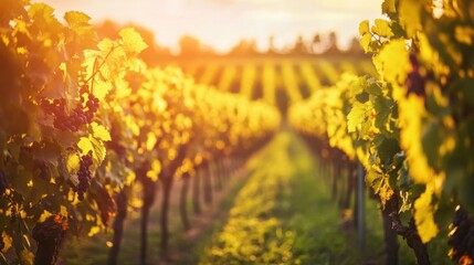 Poster - A scenic vineyard with grape-picking tools amidst rows of vines, Viticulture harvest season style, photo of