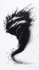 Poster - Abstract representation of a tornado, with dynamic swirling lines and splashes of black and white against a white background.