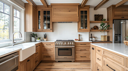 Modern honey oak cabinets in a transitional kitchen.