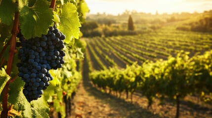 Poster - A scenic vineyard with wine-making tools amidst rows of grapevines, Vineyard harvest and winemaking style, photo of