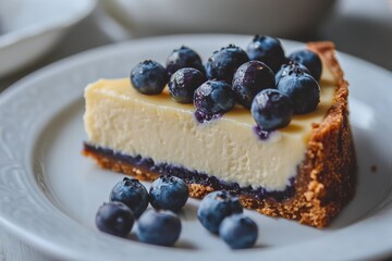 Cheesecake With Blueberries. Closeup of Baked Delicious Blueberry Cake on Plate