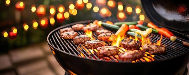Poster - Grilled meat and vegetables on barbecue with flames, outdoor setting with lights.