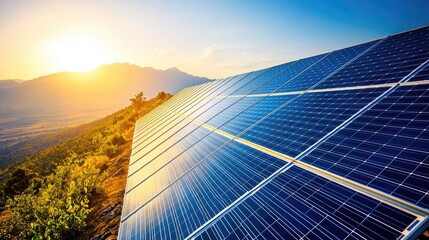 Solar panels on hillside at sunset, with mountains in the background.