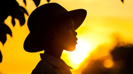  A woman in a hat silhouetted against the sunset, tree in foreground