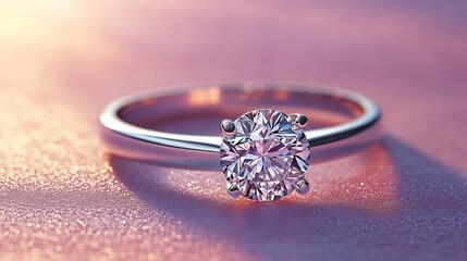 Poster - Sparkling diamond engagement ring with a simple band isolated on a soft minimalistic background highlighting its elegance and the brilliance of the central gemstone