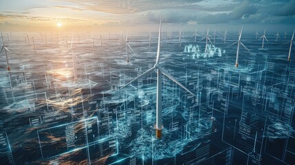 Poster - Aerial view of an offshore wind farm with hundreds of white turbines in the ocean, surrounded by floating holographic data and numbers, symbolizing advanced energy technology. set on a calm sea.