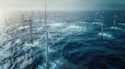 Poster - Aerial view of an offshore wind farm with hundreds of white turbines in the ocean, surrounded by floating holographic data and numbers, symbolizing advanced energy technology. set on a calm sea.