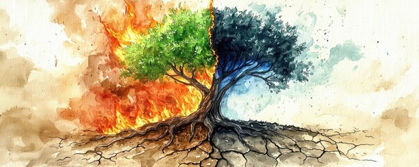 Poster - A split tree illustration depicting fire and water elements.