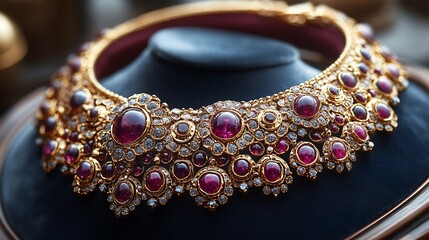Poster - Statement necklace crafted from shimmering gold and adorned with intricate filigree and gemstones resting on a velvet cushion in a luxurious setting