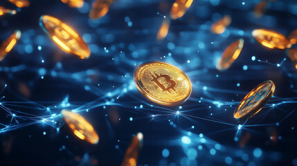 Poster - Shiny, glowing crypto coins float against a dark blue background with electrical lines. This 3D image represents the idea of digital money, technology, and the global economy.