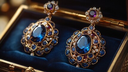 Poster - Stunning set of opulent earrings with large gemstones set in baroquestyle gold filigree presented in a highend jewelry box with rich velvet lining