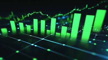 Poster - A 3D image shows a green candlestick chart on a dark background. This represents the rise and fall of the forex market. It's a visual way to understand trading and market trends.