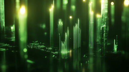 Poster - A 3D image shows a green candlestick chart on a dark background. This represents the rise and fall of the forex market. It's a visual way to understand trading and market trends.