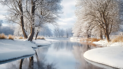 Canvas Print - A snowy landscape with a river and trees. The water is calm and the snow is covering the ground. The scene is peaceful and serene