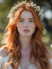 Poster - A young Caucasian woman with long, wavy red hair wearing a white dress and a flower crown, surrounded by a blurred nature background.