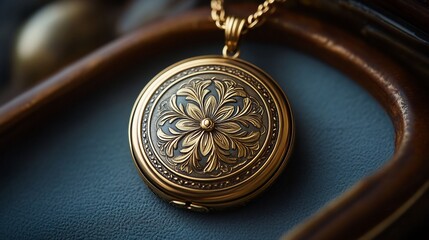 Poster - Timeless gold locket with Renaissancestyle ornamentation set against a minimalistic surface showcasing the intricate craftsmanship of vintage gold jewelry