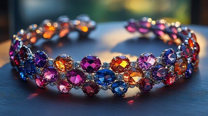 Aufkleber - vibrant gemstone choker with an array of colorful stones placed on a plain minimalistic surface emph