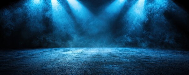 Abstract background of dark blue with light rays and mist, spotlight on an asphalt floor for display products. Dark scene with reflections from the water surface