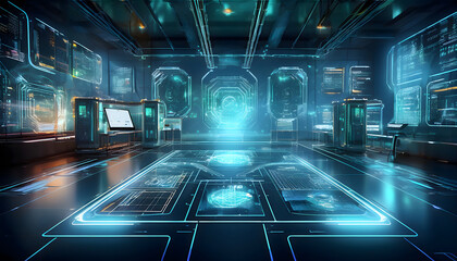 Poster - Futuristic technology hub a glimpse into advanced data centers with interactive displays and holographic projections
