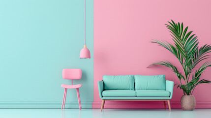 pastel inspired living room featuring mint green sofa and pink chair against vibrant two tone wall. space is bright and inviting, enhanced by stylish plant and modern lighting