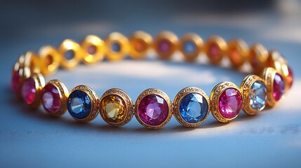 Poster - Vibrant gemstone choker with an array of colorful stones placed on a plain minimalistic surface emphasizing its bold and eyecatching design