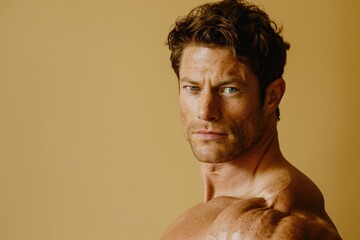 Wall Mural - close-up of a fit, muscular man confidently presenting against a solid color background, emphasizing