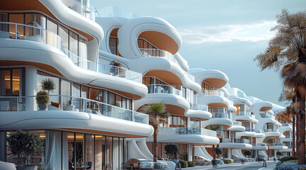 Leinwandbilder - A residential neighborhood with glass and deck balconies, rectangle buildings have rounded edges and white cladding, street view, fashion.