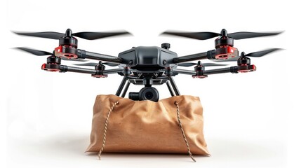 Drone carries a shopping bag isolated on white background.