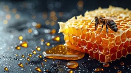 Bee on honeycomb on white isolated background