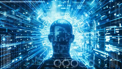 Poster - A futuristic composition with human and digital components. Artificial intelligence concept.