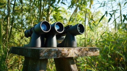 Poster - A serene birdwatching hideout with binoculars and bird guides, Birdwatching tools arranged in a camouflaged hideout, Naturalistic hideout style