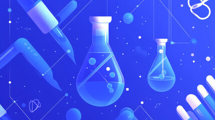 Poster - A blue, geometric design with flasks represents genetic research. It shows the use of modern technology to understand and change DNA, leading to advances in medicine and biotechnology.