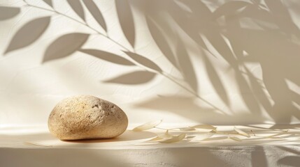 Wall Mural - Minimal product display with a stone, focus on leaf shadows, and simplicity