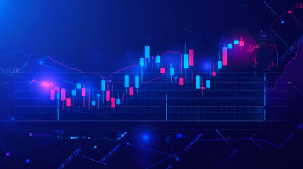 Poster - A blue screen shows a candlestick chart with a line going up. This represents the idea of making money through online trading of currencies worldwide.